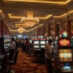 A bustling casino floor in Macau filled with colorful slot machines and crowded gaming tables under bright lights.