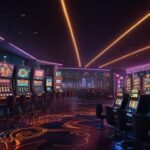 A vibrant digital illustration of a futuristic casino interface with glowing slot machines, crypto symbols, and sports betting charts, symbolizing the global rise of online gambling.