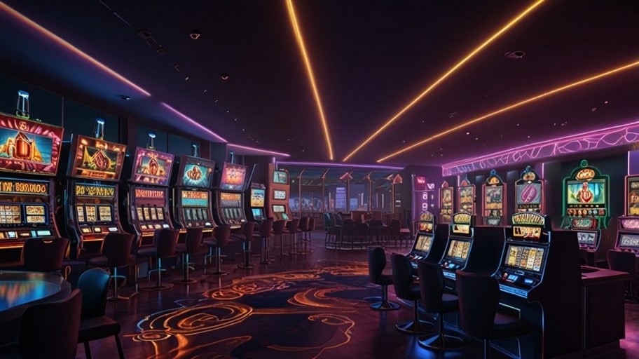 A vibrant digital illustration of a futuristic casino interface with glowing slot machines, crypto symbols, and sports betting charts, symbolizing the global rise of online gambling.