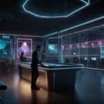 A vibrant digital betting arena in 2031, featuring holographic odds displays, virtual reality interfaces, and glowing blockchain transaction visuals, with users immersed in an interactive gambling experience.