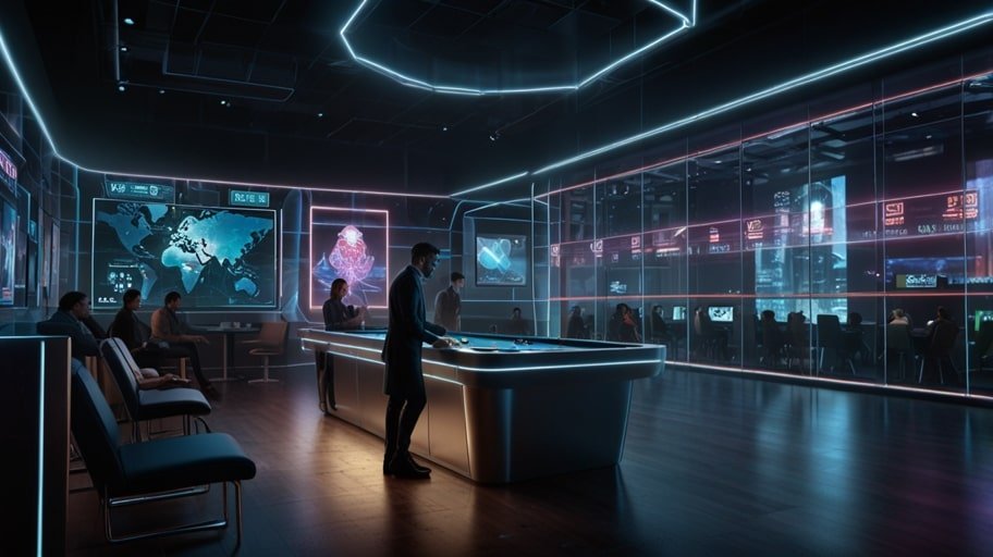 A vibrant digital betting arena in 2031, featuring holographic odds displays, virtual reality interfaces, and glowing blockchain transaction visuals, with users immersed in an interactive gambling experience.