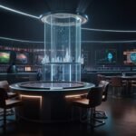 A vibrant holographic betting arena in 2031, with glowing quantum data streams and immersive AR interfaces, showcasing the future of wagering.