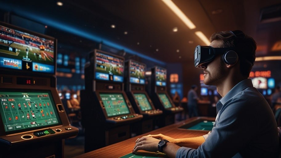A vibrant virtual reality sportsbook arena in 2030, with glowing holographic odds boards and bettors in sleek VR headsets interacting in a digital stadium filled with dynamic lights and immersive graphics.