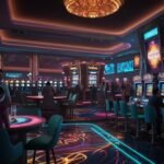 A vibrant digital casino scene with glowing slot machines, holographic tables, and players in VR headsets, set in a sleek, neon-lit virtual environment.