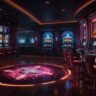 A vibrant holographic slot machine projects 3D spinning reels with glowing symbols in a sleek, neon-lit 2030 casino, surrounded by players interacting with the immersive display.