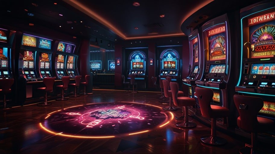 A vibrant holographic slot machine projects 3D spinning reels with glowing symbols in a sleek, neon-lit 2030 casino, surrounded by players interacting with the immersive display.