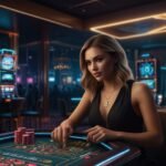 A vibrant digital casino interface with glowing blockchain symbols, virtual reality slot machines, and cryptocurrency tokens, set in a 2031 gambling platform.