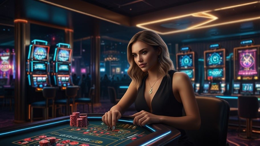 A vibrant digital casino interface with glowing blockchain symbols, virtual reality slot machines, and cryptocurrency tokens, set in a 2031 gambling platform.