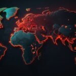 A digital world map highlighting countries with recent gambling regulation changes, marked with red pins and glowing effects, set against a dark background with casino chips and digital currency icons.