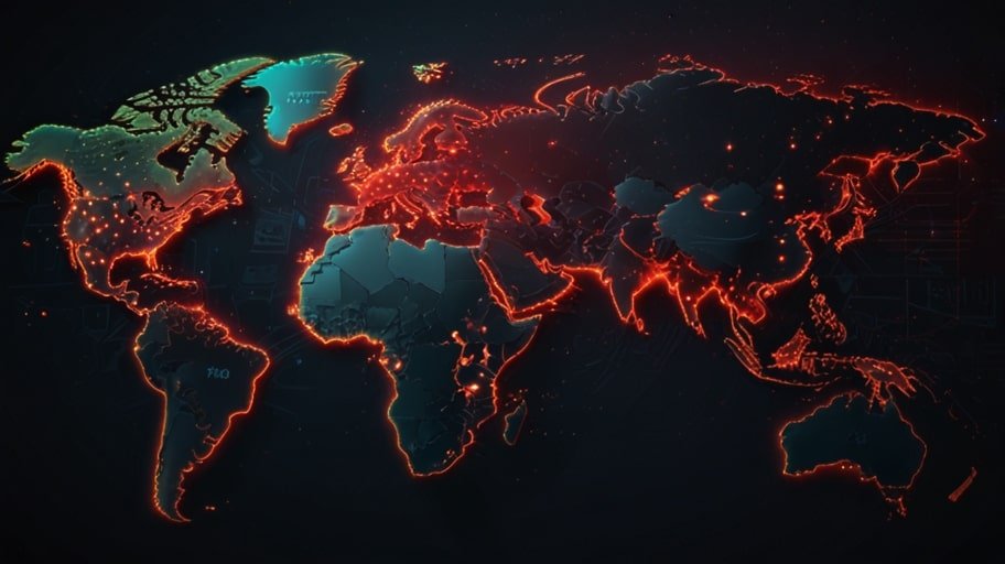 A digital world map highlighting countries with recent gambling regulation changes, marked with red pins and glowing effects, set against a dark background with casino chips and digital currency icons.